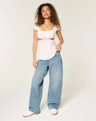 Adjustable Waist Low-Rise Medium Wash Baggy Jeans