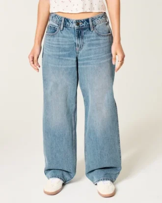 Adjustable Waist Low-Rise Medium Wash Baggy Jeans