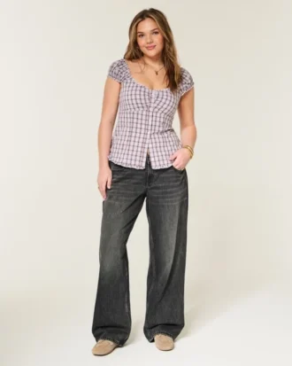 Adjustable Waist Low-Rise Washed Black Baggy Jeans