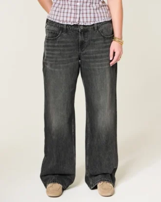 Adjustable Waist Low-Rise Washed Black Baggy Jeans