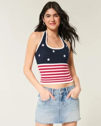 American Flag Pattern Crochet-Style Halter Top