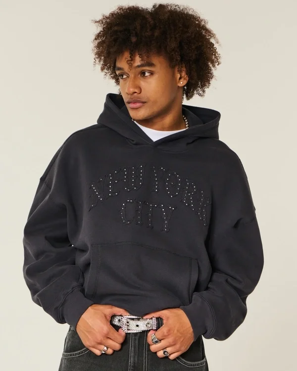 Baggy Cinch Studded New York City Graphic Hoodie Baggy Cinch Studded New York City Graphic Hoodie