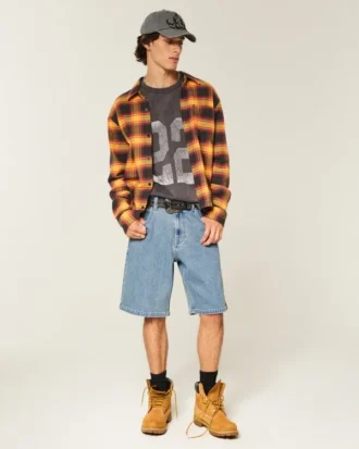 Baggy Embroidered Logo Denim Shorts