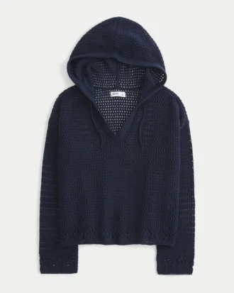 Beachy Crochet-Style Hooded V-Neck Sweater