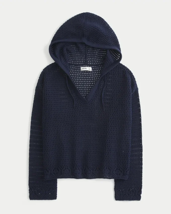 Beachy Crochet-Style Hooded V-Neck Sweater