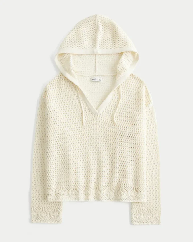 Beachy Crochet-Style Hooded V-Neck Sweater
