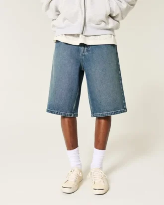 Below-the-Knee Dark Wash Super Baggy Denim Shorts