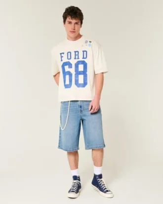 Below-the-Knee Medium Wash Super Baggy Denim Shorts