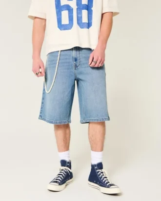 Below-the-Knee Medium Wash Super Baggy Denim Shorts
