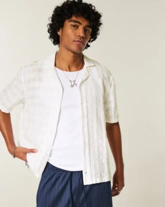 Boxy Short-Sleeve Textural Pattern Shirt