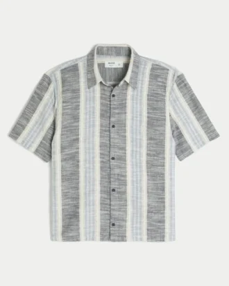 Boxy Short-Sleeve Textural Stripe Shirt