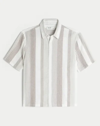 Boxy Short-Sleeve Textural Stripe Shirt