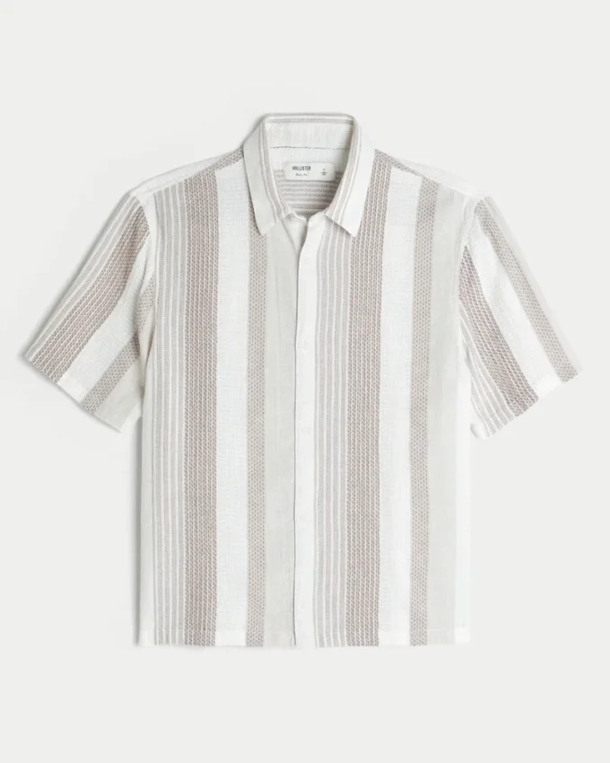 Boxy Short-Sleeve Textural Stripe Shirt