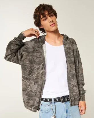 Boxy Thermal Camo Zip-Up Hoodie