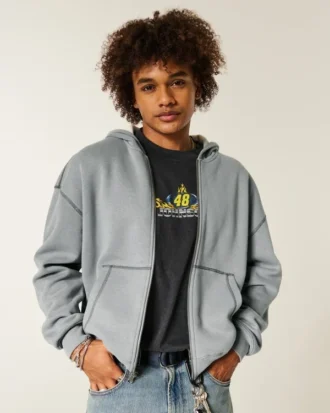 Boxy Thermal-Lined Zip-Up Hoodie