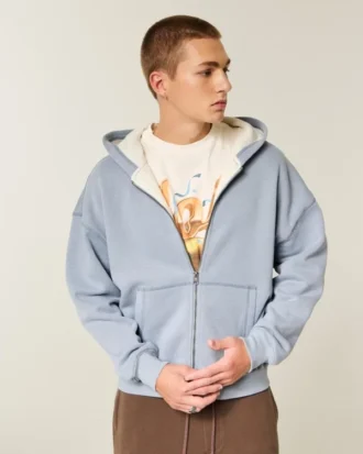 Boxy Thermal-Lined Zip-Up Hoodie