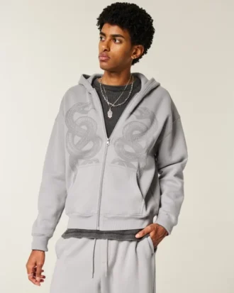 Boxy Zip-Up Double Snake Graphic Hoodie