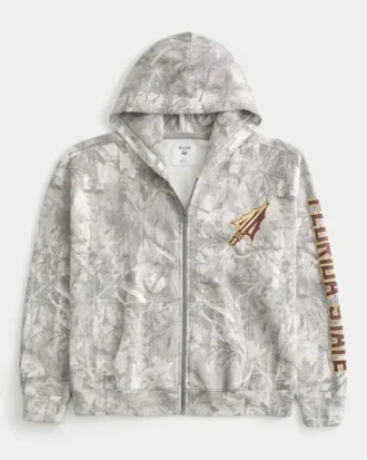 Boxy Zip-Up Florida State University Graphic Camo Hoodie