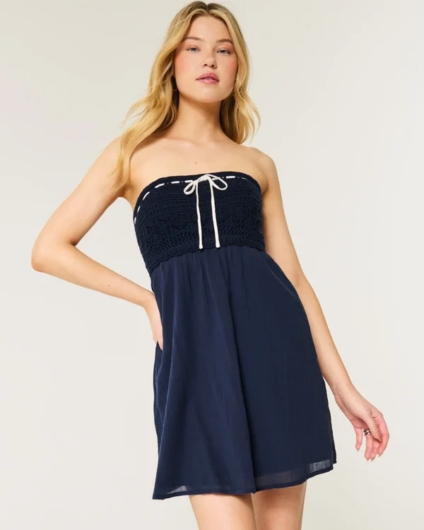 Crochet-Style Mix Strapless Mini Dress Crochet-Style Mix Strapless Mini Dress