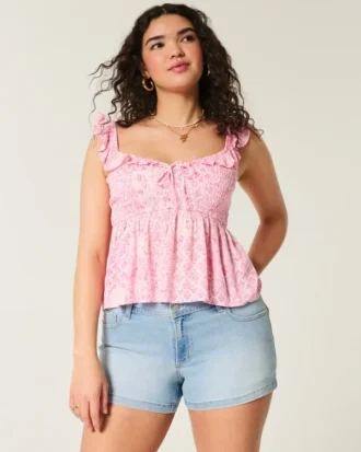 Curvy Low-Rise Light Wash Floral Embroidered Denim Shortie Shorts