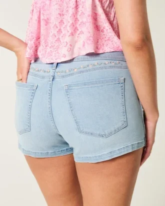 Curvy Low-Rise Light Wash Floral Embroidered Denim Shortie Shorts