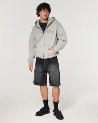 Double-Graphic Baggy Denim Shorts