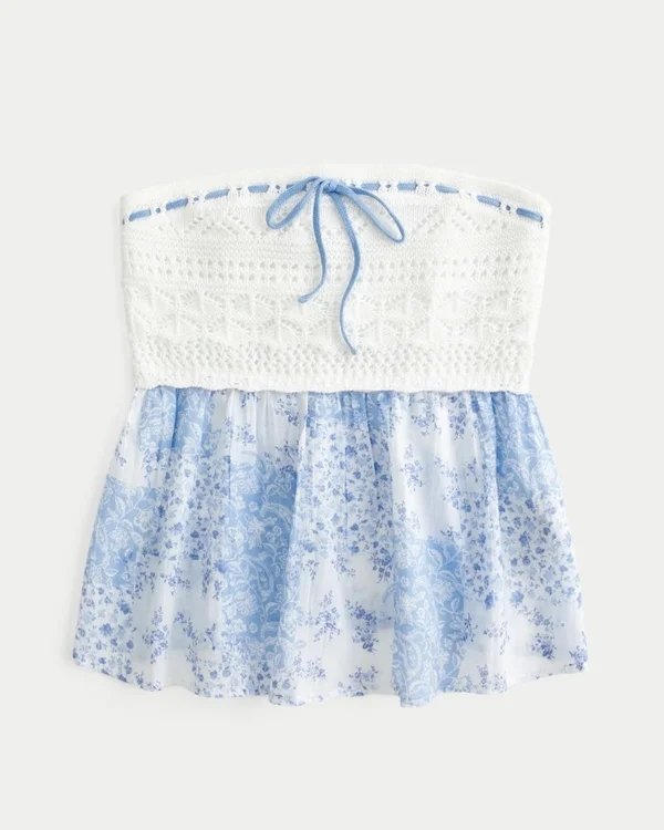 Easy Crochet-Style Fabric Mix Strapless Top Easy Crochet-Style Fabric Mix Strapless Top