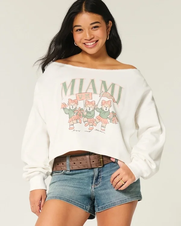 Easy Double Off-the-Shoulder Miami Graphic Sweatshirt Easy Double Off-the-Shoulder Miami Graphic Sweatshirt