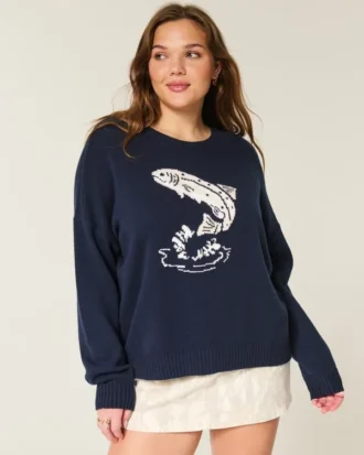 Easy Jumping Fish Graphic Crew Sweater