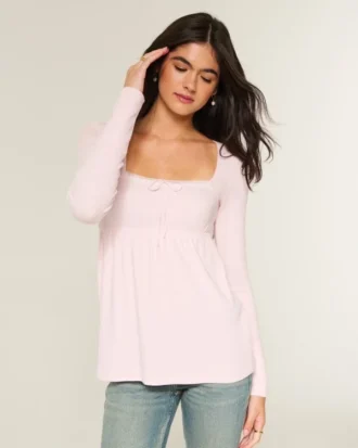 Easy Lace Trim Long-Sleeve Babydoll Top