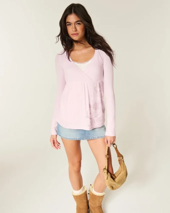 Easy Long-Sleeve Floral Pattern Babydoll Top