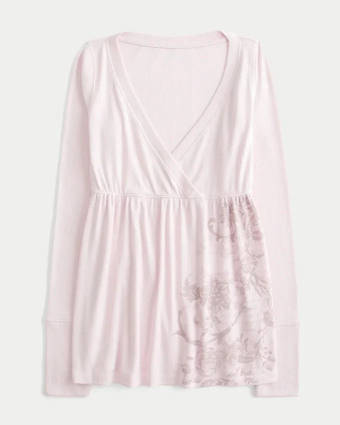 Easy Long-Sleeve Floral Pattern Babydoll Top