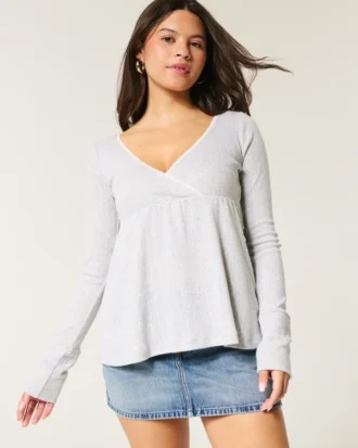 Easy Long-Sleeve Pointelle Babydoll Top
