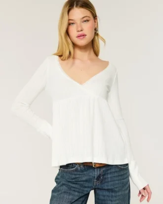 Easy Long-Sleeve Pointelle Babydoll Top
