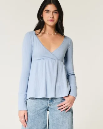 Easy Long-Sleeve Pointelle Babydoll Top