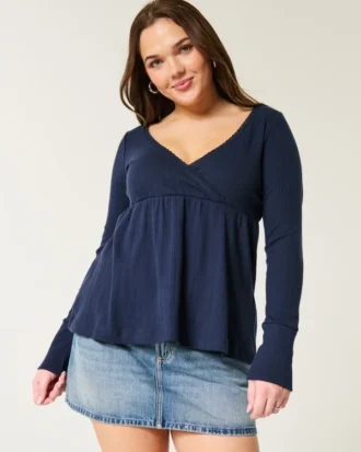 Easy Long-Sleeve Pointelle Babydoll Top