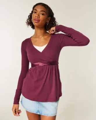 Easy Long-Sleeve Wrap-Front Babydoll Top