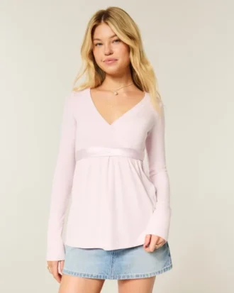 Easy Long-Sleeve Wrap-Front Babydoll Top