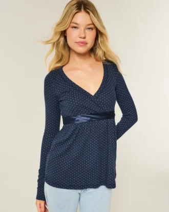 Easy Long-Sleeve Wrap-Front Babydoll Top