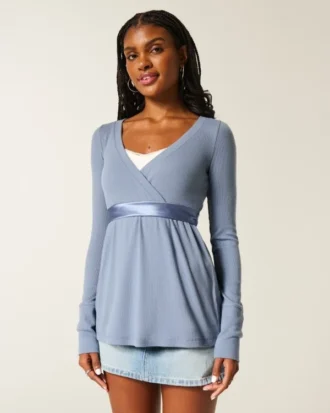 Easy Long-Sleeve Wrap-Front Babydoll Top