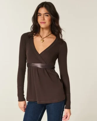 Easy Long-Sleeve Wrap-Front Babydoll Top