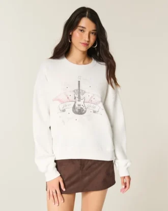 Easy New York Guitar Studded Graphic Crew Sweatshirt