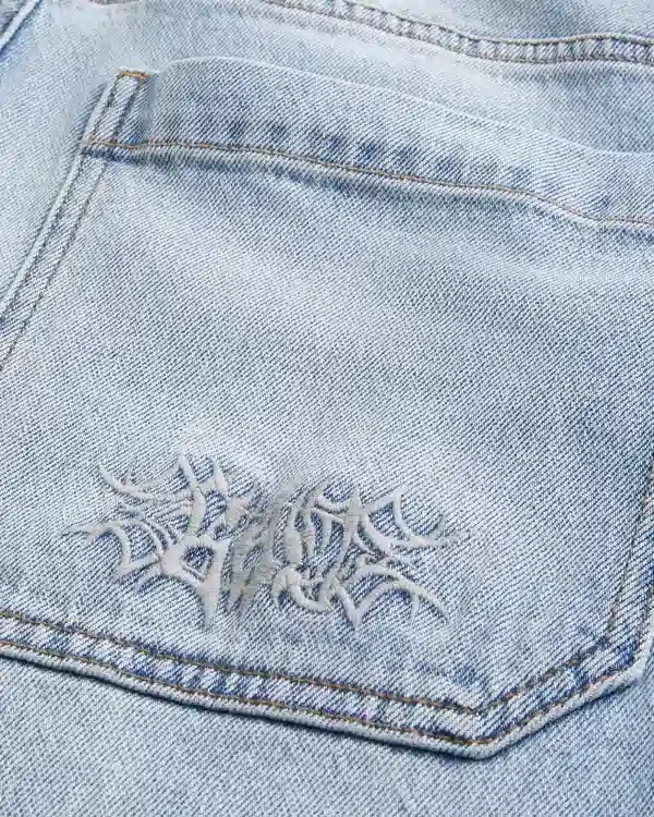 Embroidered Light Wash Skater Baggy Jeans Embroidered Light Wash Skater Baggy Jeans