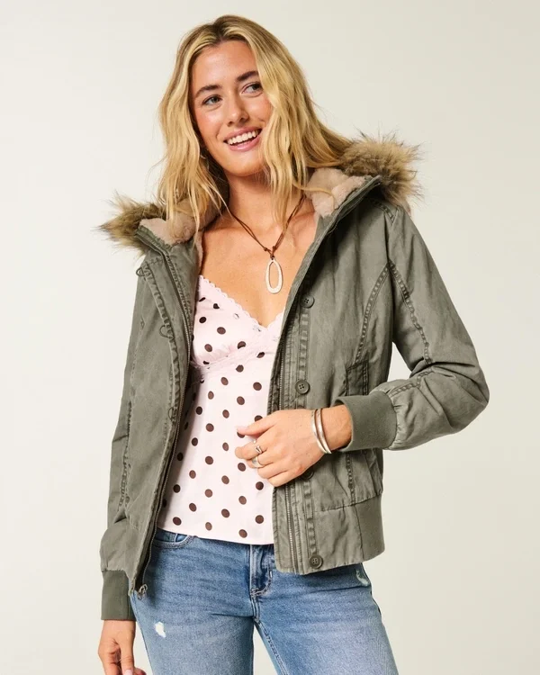 Faux Fur-Lined Bomber Jacket Faux Fur-Lined Bomber Jacket