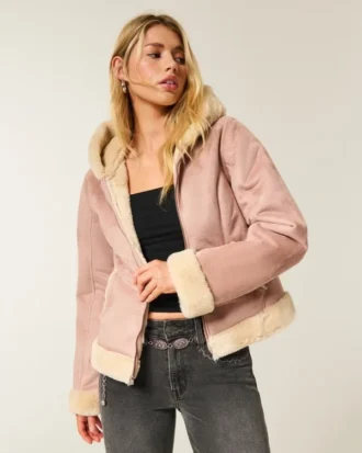 Faux Fur-Lined Faux Shearling Hoodie Jacket