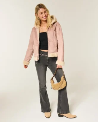 Faux Fur-Lined Faux Shearling Hoodie Jacket