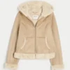 Faux Fur-Lined Faux Shearling Hoodie Jacket
