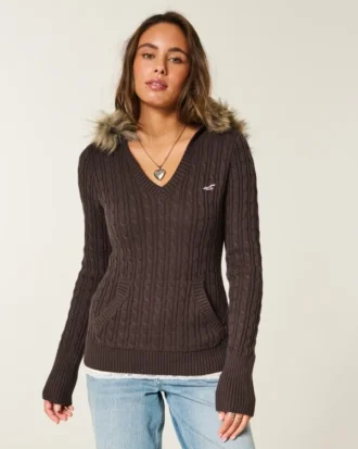 Faux Fur Trim Hooded Cable-Knit Sweater