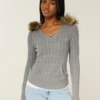 Faux Fur Trim Hooded Cable-Knit Sweater Faux Fur Trim Hooded Cable-Knit Sweater