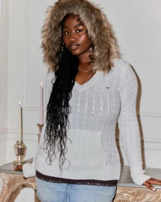 Faux Fur Trim Hooded Cable-Knit Sweater